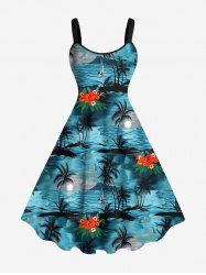 Plus Size Coconut Tree Floral Sea Wave Seascape Print Hawaii A Line Tank Dress -  