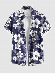 Plus Size Floral Tropical Leaves Print Hawaii Button Pocket Shirt For Men -  