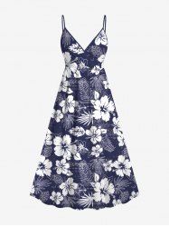 Plus Size Floral Tropical Leaves Print Hawaii Surplice A Line Cami Dress -  