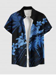 Plus Size Coconut Tree Floral Turtle Print Hawaii Button Pocket Shirt For Men -  