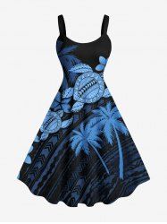 Robe Ligne A Courbée Cocotier Fleurie Imprimé de Grande Taille - Noir L
