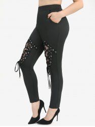 Leggings en maille transparente à œillets et lacets, imprimé floral, grandes tailles - Noir 3X | US 22-24