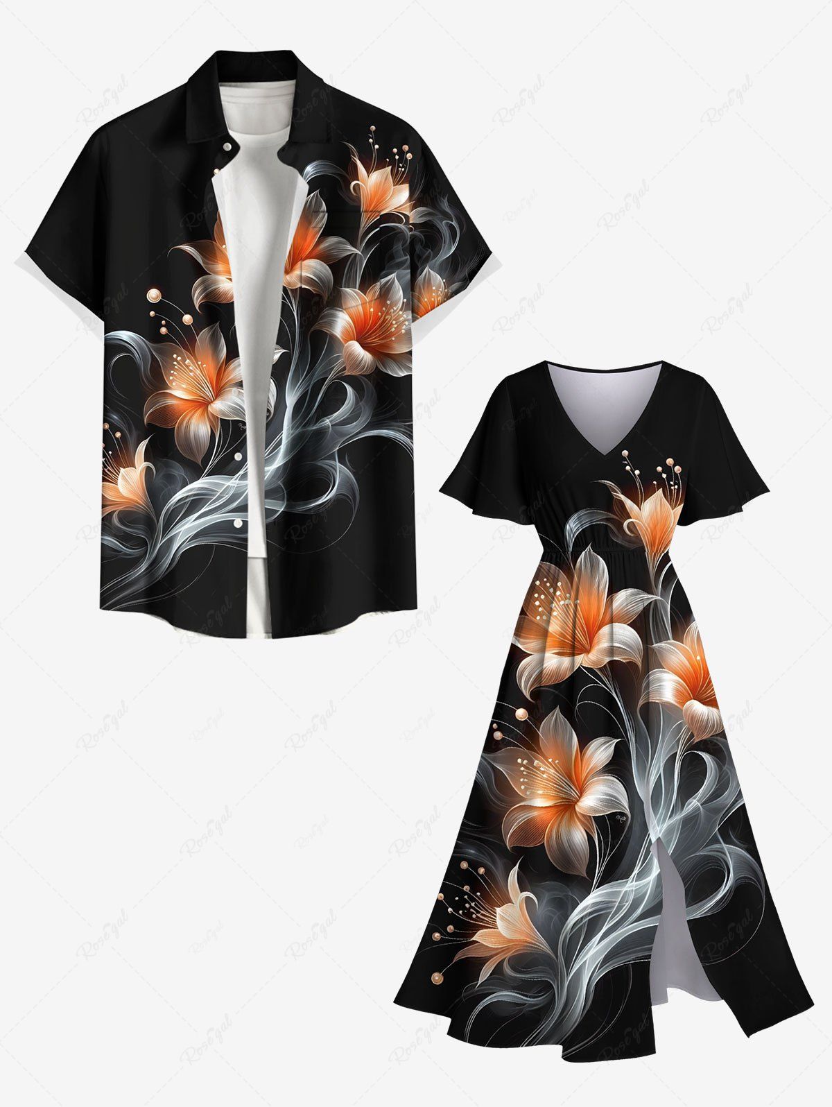 Trendy Flowers Leaf Glitter 3D Print Plus Size Matching Hawaii Beach Outfit For Couples  
