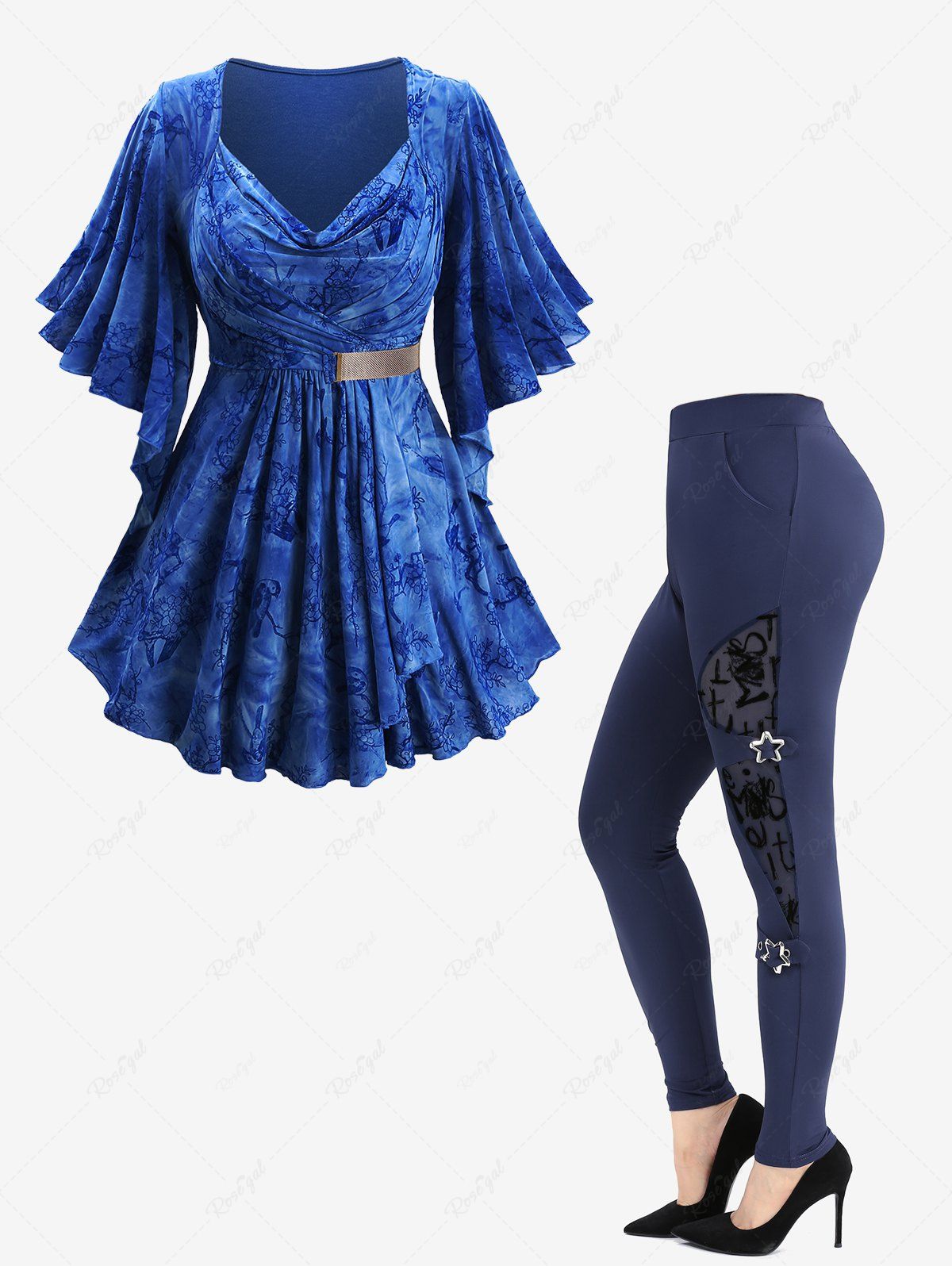 Cheap Flower Flocking Chains Panel Ruched Butterfly Sleeves Top and Mesh Leggings Plus Size Outfit  