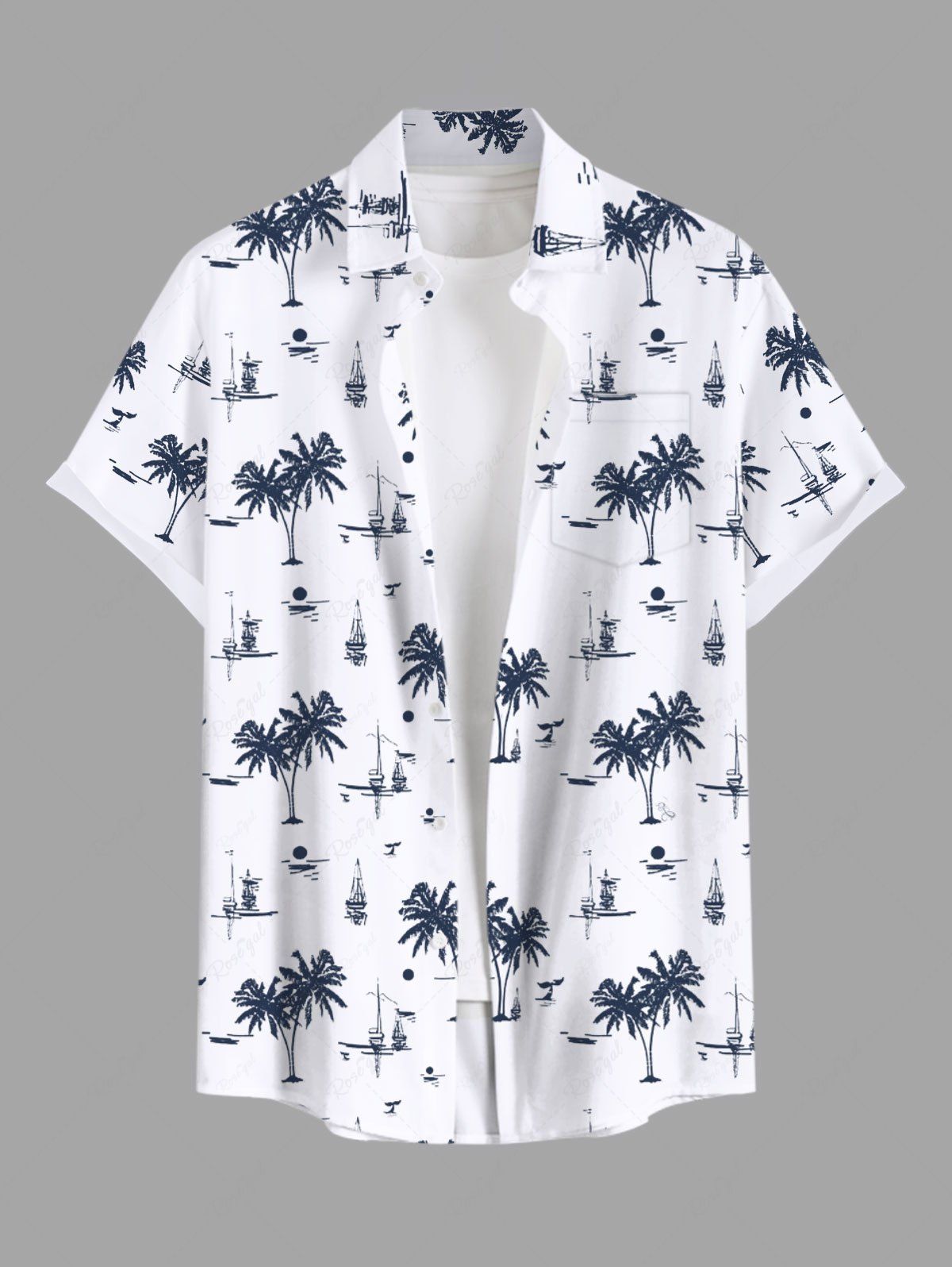 Sale Plus Size Coconut Tree Sun Sailboat Print Buttons Pocket Hawaii Shirt For Men  