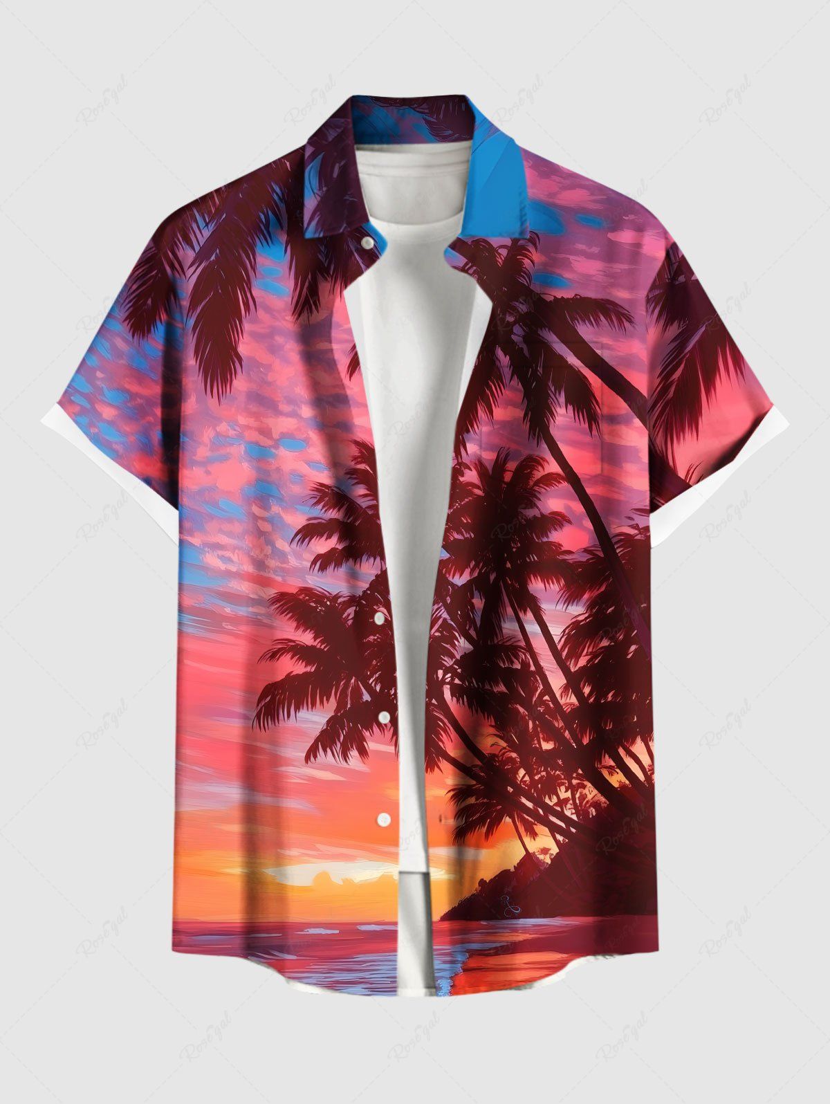 Latest Plus Size Coconut Tree Seascape Colorful Sky Cloud Print Buttons Pocket Hawaii Shirt For Men  