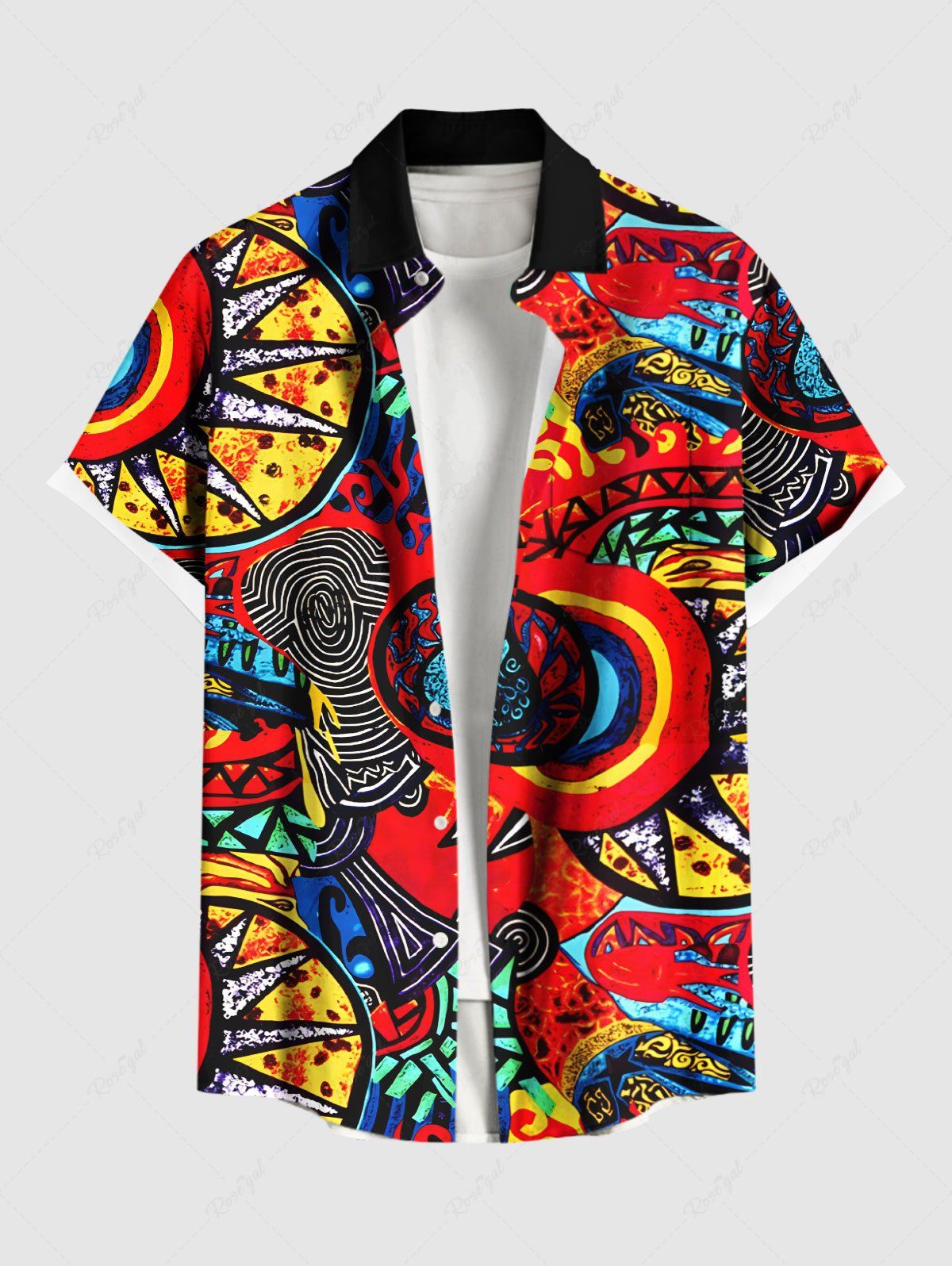 Fashion Plus Size Psychedelic Pattern Sun Fire Flame Print Buttons Pocket Hawaii Shirt For Men  