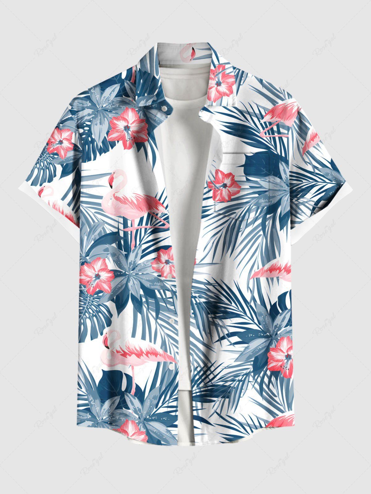 Fashion Plus Size Flamingo Tropical Flower Leaf Print Buttons Pocket Hawaii Shirt For Men  