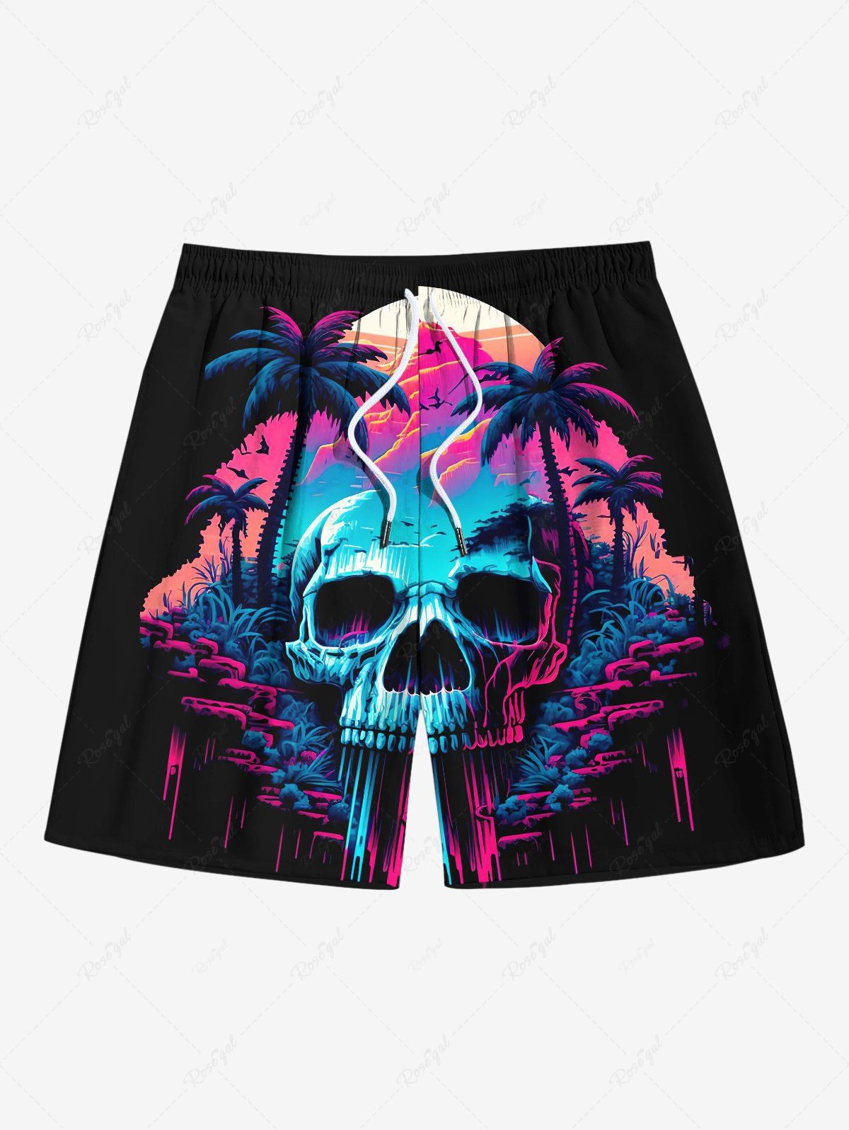 Chic Plus Size Coconut Tree Skull Mountain Cave Print Hawaii Ombre Drawstring Beach Shorts For Men  