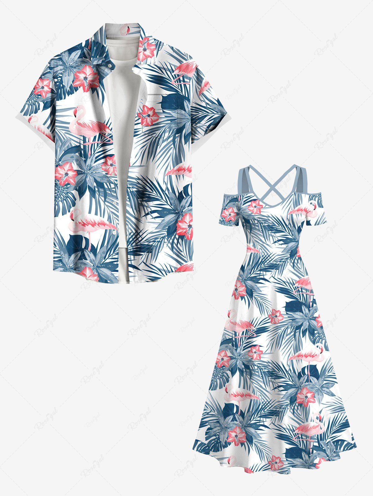 Tenue de Plage pour Couples en Feuilles et Fleurs Tropicales Grande-Taille Bleu clair 