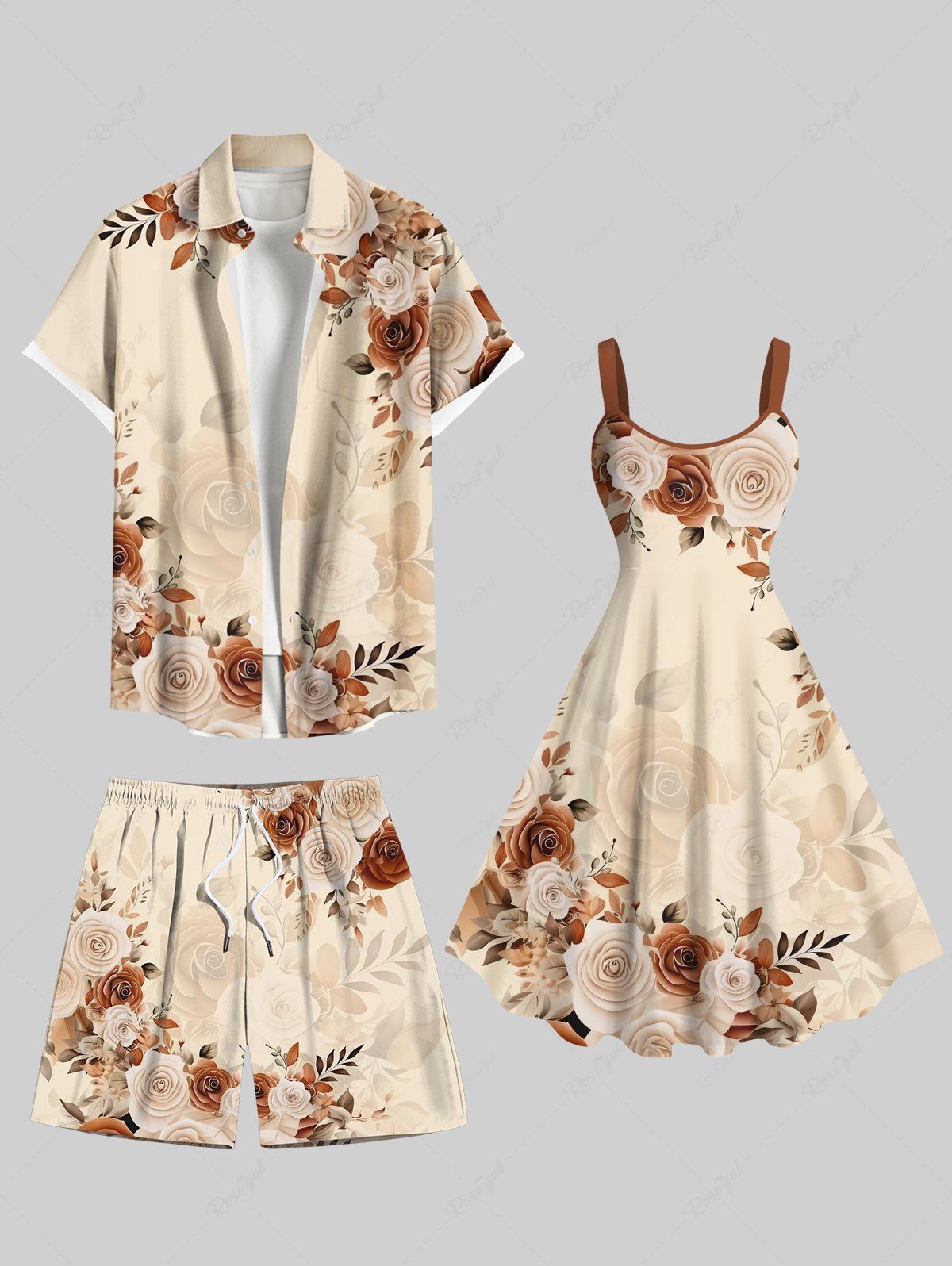 Chic Ombre Rose Flower Leaf Branch Print Plus Size Matching Hawaii Beach Outfit For Couples  