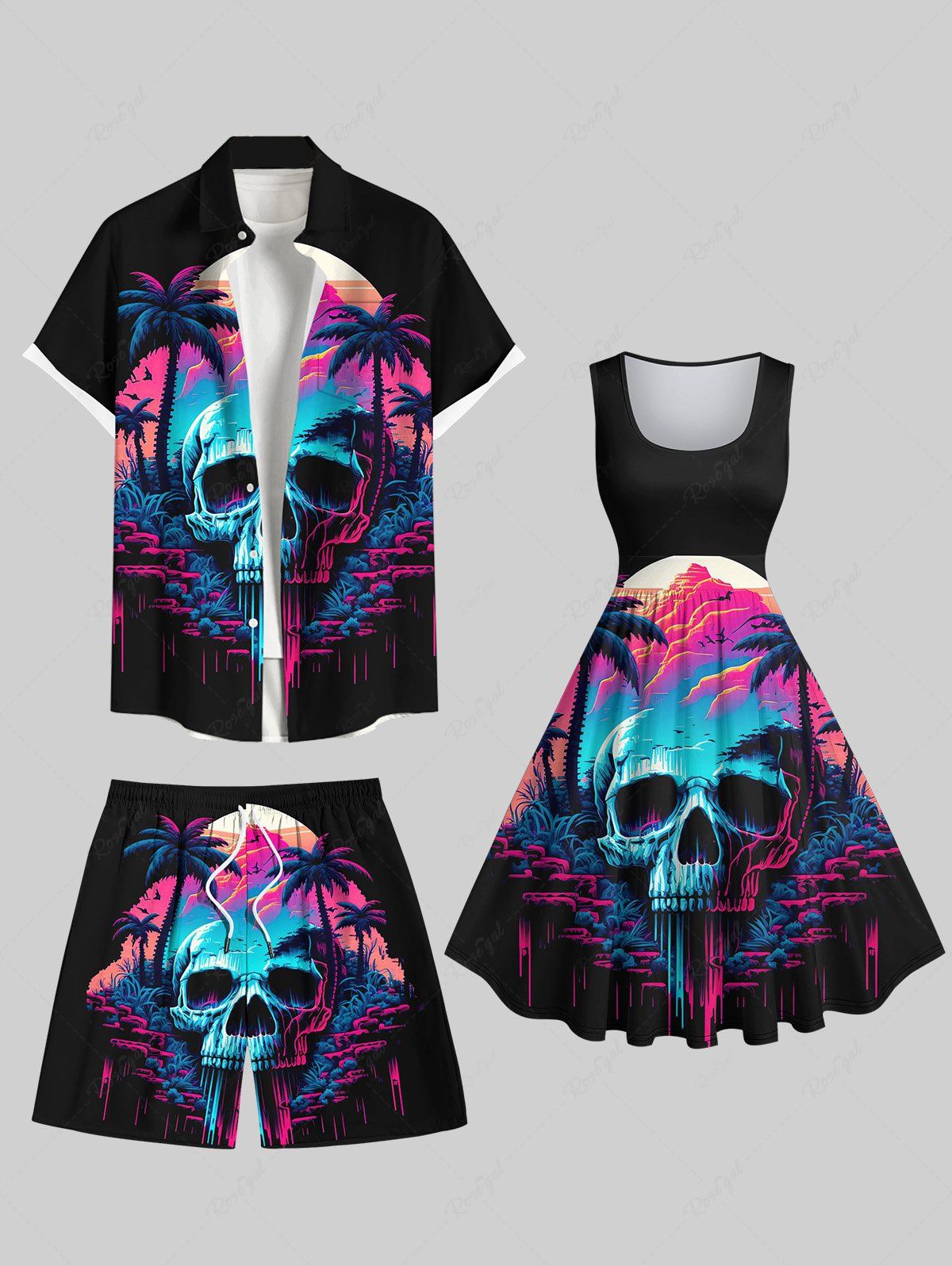Discount Skull Cave Coconut Tree Mountain Print Plus Size Matching Hawaii Beach Outfit For Couples  