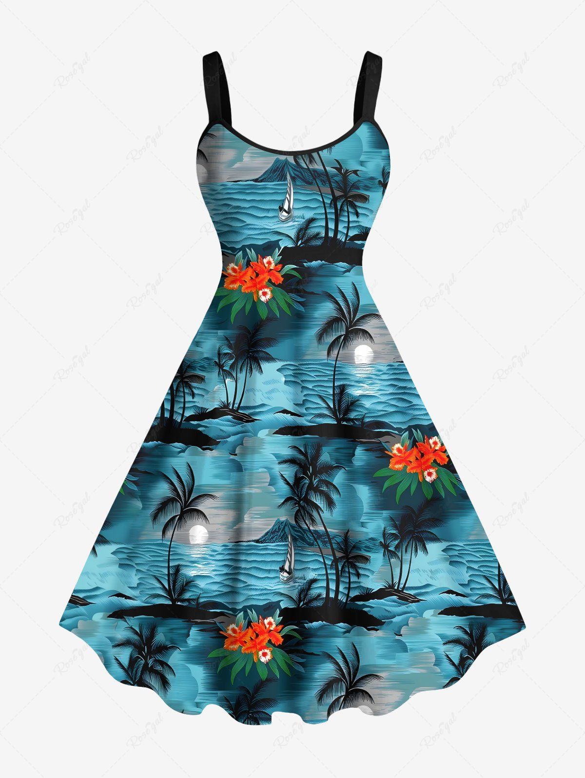 Sale Plus Size Coconut Tree Floral Sea Wave Seascape Print Hawaii A Line Tank Dress  