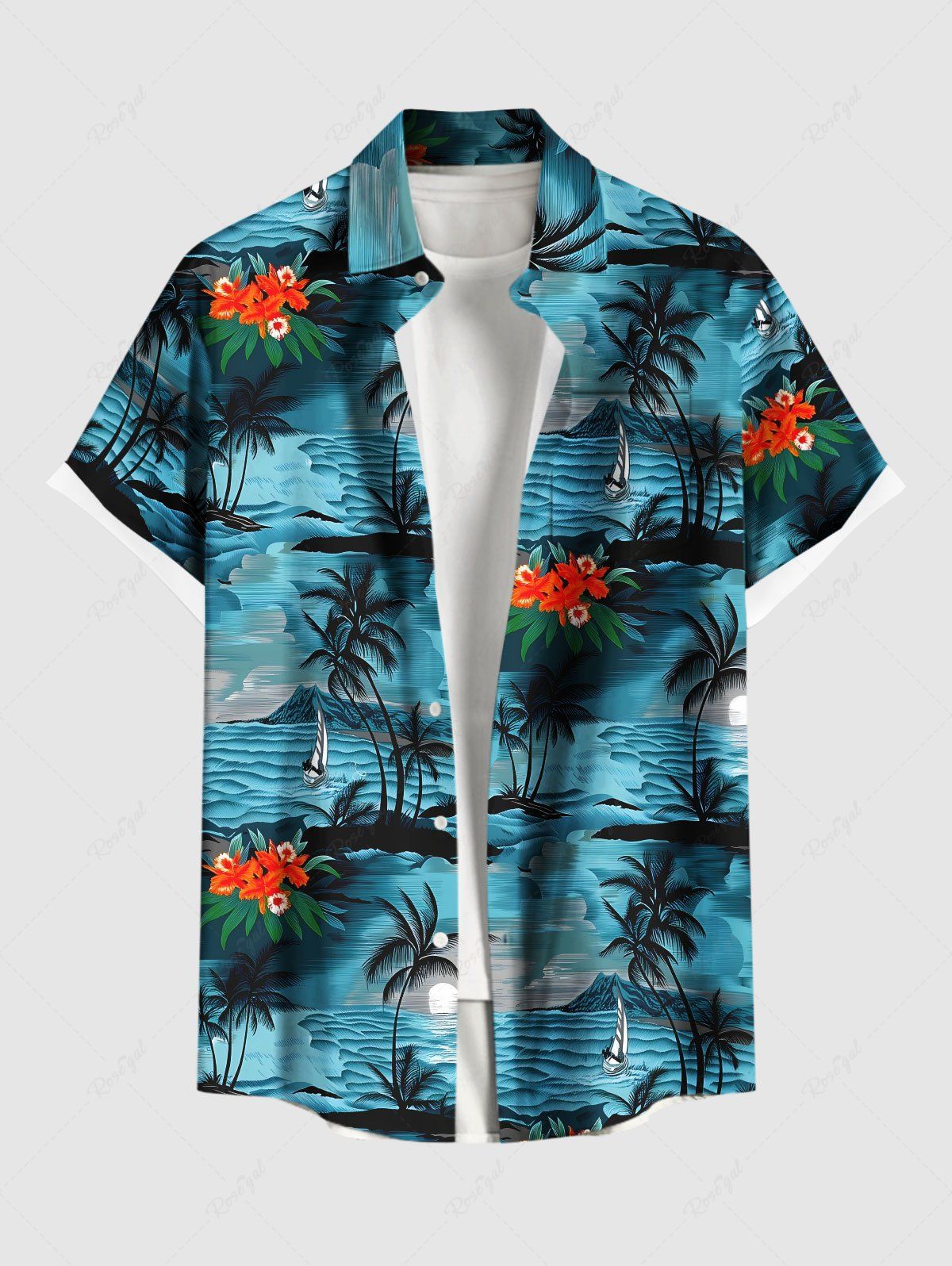 Buy Plus Size Coconut Tree Floral Sea Wave Seascape Print Hawaii Button Pocket Shirt For Men  