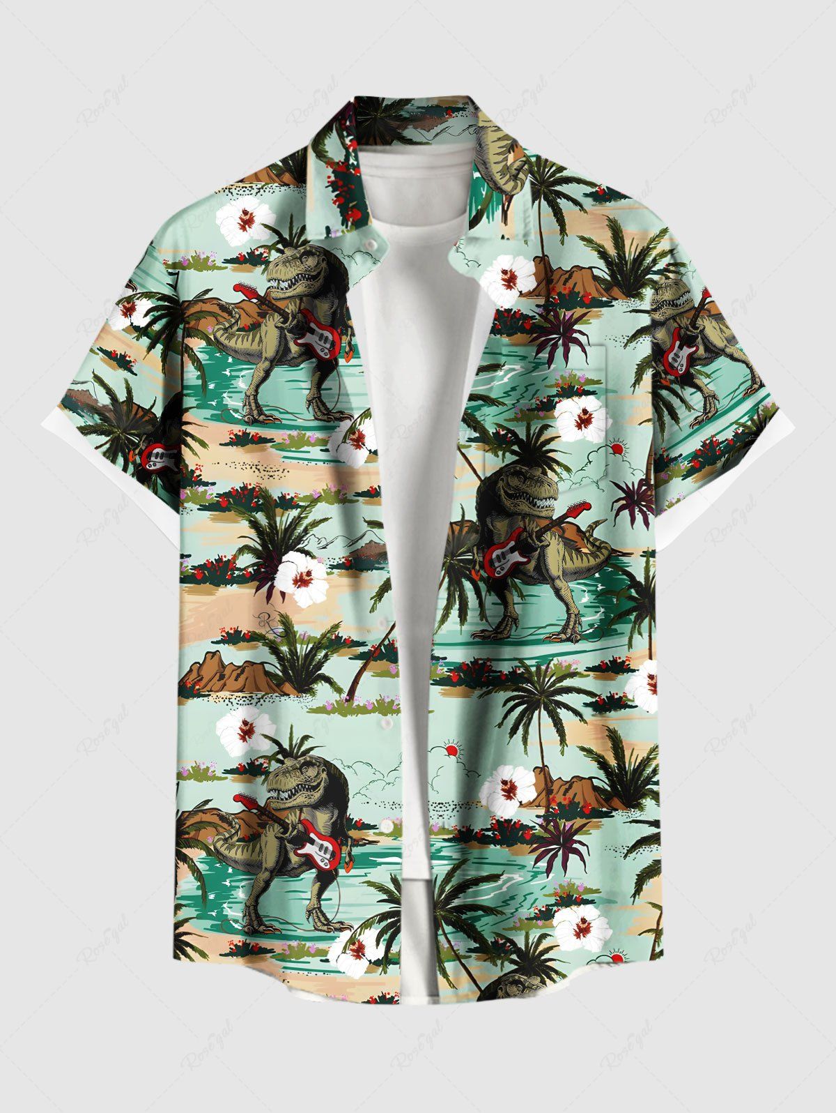 Fancy Plus Size Coconut Tree Sea Floral Dinosaur Print Hawaii Button Pocket Shirt For Men  