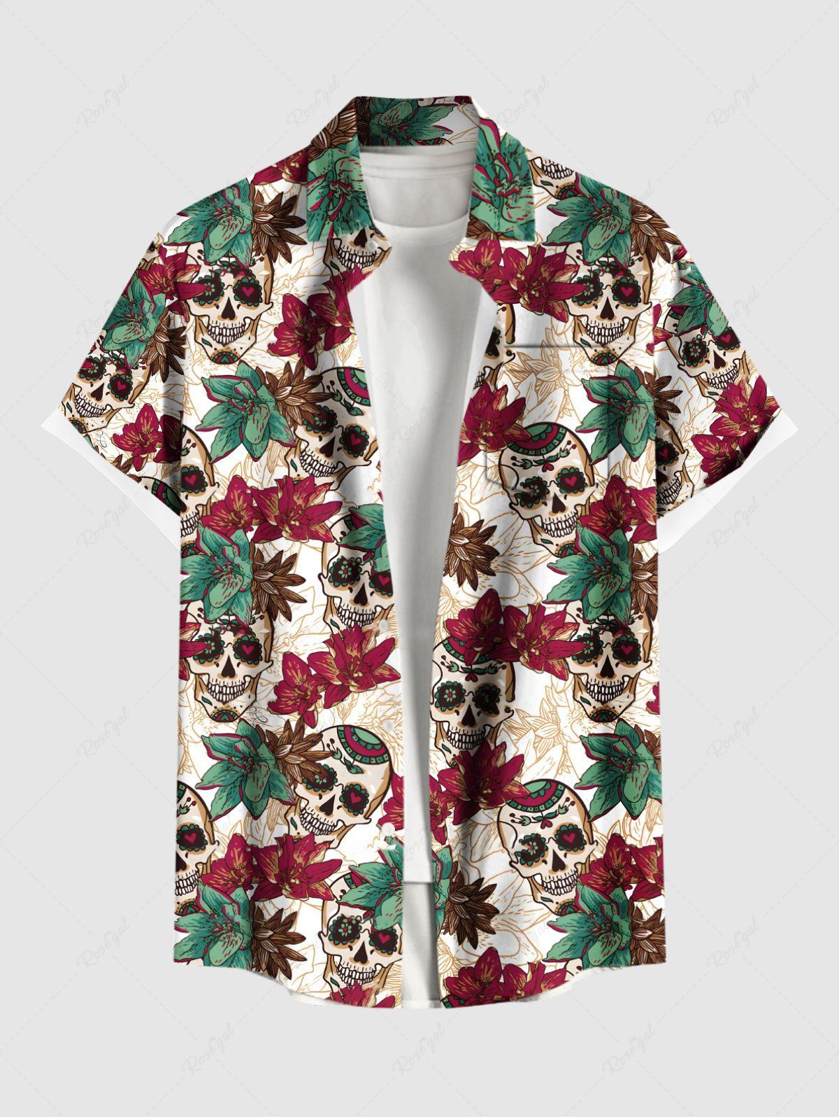Shop Plus Size Ombre Flower Skull Print Hawaii Button Pocket Shirt For Men  