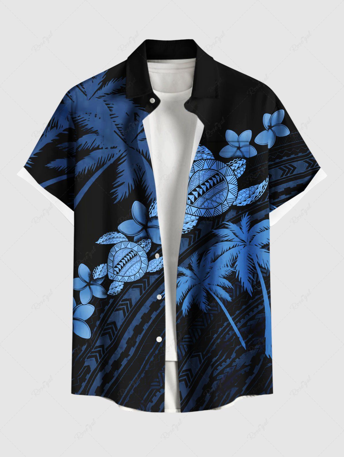 Hot Plus Size Coconut Tree Floral Turtle Print Hawaii Button Pocket Shirt For Men  