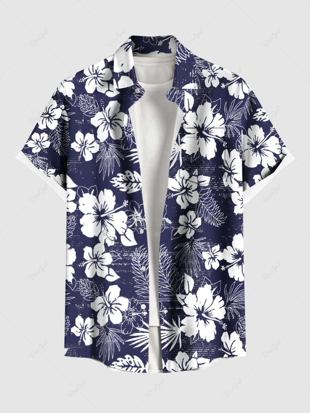 Latest Plus Size Floral Tropical Leaves Print Hawaii Button Pocket Shirt For Men  