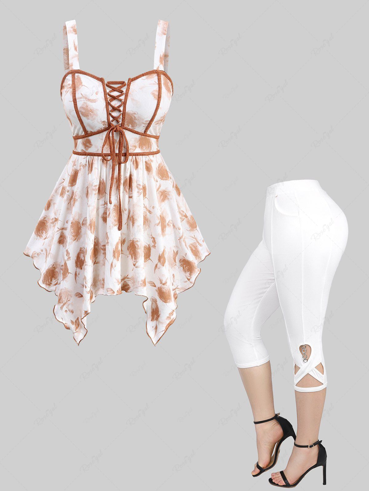 Outfit Ombre Flower Printed Lace Up Top and Solid Pockets Crisscross Hollow Out Pants Plus Size Outfit  