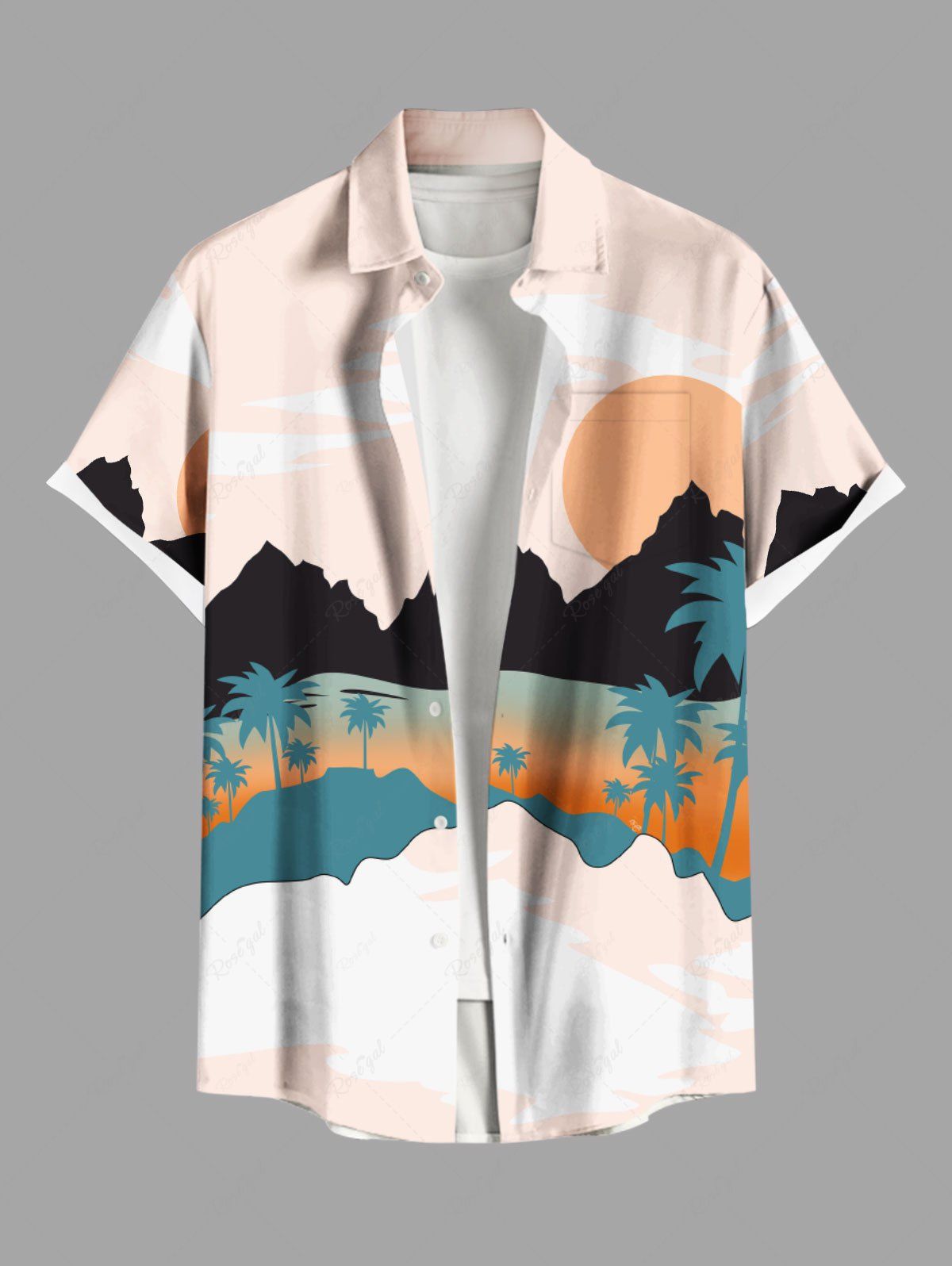 New Plus Size Coconut Tree Mountain Sun Ombre Print Buttons Pocket Hawaii Shirt For Men  