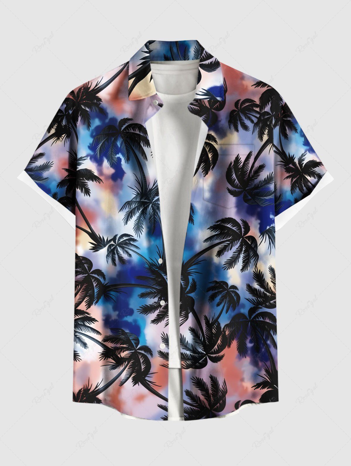 Cheap Plus Size Tie Dye Coconut Tree Print Buttons Pocket Hawaii Shirt For Men  