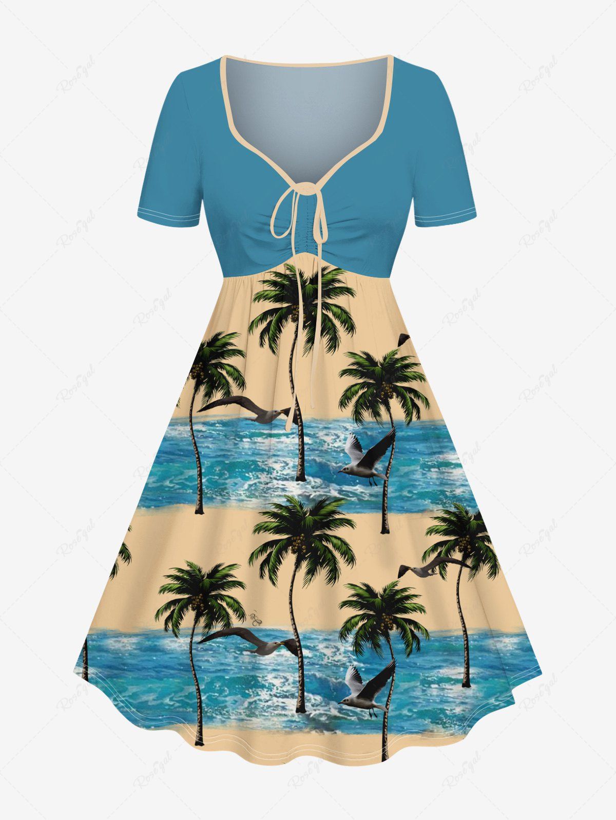Shops Plus Size Coconut Tree Seagull Sea Waves Colorblock Print Cinched Hawaii Dress  