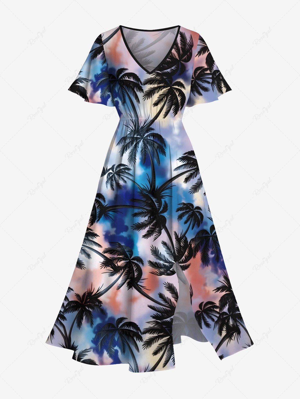 Online Plus Size Tie Dye Coconut Tree Print Split Hawaii Midi Dress  
