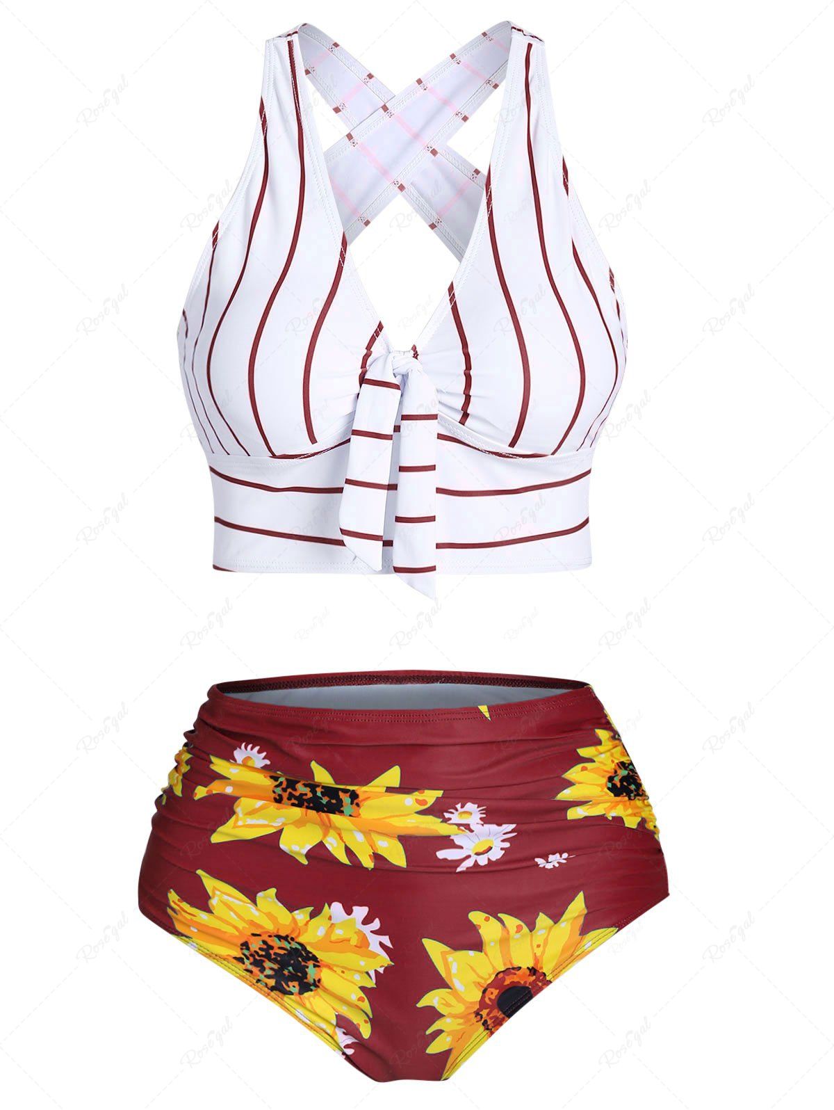 Latest Striped Sunflower Criss Cross Tummy Control Bikini Swimwear  