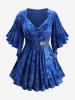 Flower Flocking Chains Panel Ruched Butterfly Sleeves Top and Mesh Leggings Plus Size Outfit -  