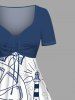 Anchor Lighthouse Steering Wheel Sea Waves Fish Print Plus Size Matching Hawaii Beach Cruise Shirts Dress Outfit For Couples -  