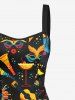 Robe de Bal Hawaiien Zippée Feuille et Guitare Colorée Imprimées à Lacets - Noir XXXL