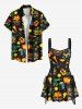 Robe de Bal Hawaiien Zippée Feuille et Guitare Colorée Imprimées à Lacets - Noir XXXL