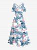 Maxi Robe Hawaïen Flamant Feuille Fleur Tropical à Epaule Dénudée de Grande Taille - Bleu clair 1X