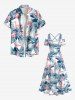 Maxi Robe Hawaïen Flamant Feuille Fleur Tropical à Epaule Dénudée de Grande Taille - Bleu clair 1X