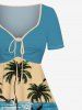 Plus Size Coconut Tree Seagull Sea Waves Colorblock Print Cinched Hawaii Dress -  