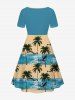 Plus Size Coconut Tree Seagull Sea Waves Colorblock Print Cinched Hawaii Dress -  