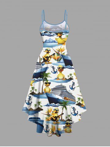 Plus Size Coconut Tree Ducks Steamship Anchor Print High Low Hawaii Cruise Cami Dress
