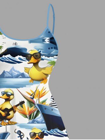 Plus Size Coconut Tree Ducks Steamship Anchor Print High Low Hawaii Cruise Cami Dress