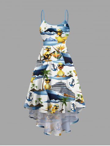 Plus Size Coconut Tree Ducks Steamship Anchor Print High Low Hawaii Cruise Cami Dress - WHITE - 6X