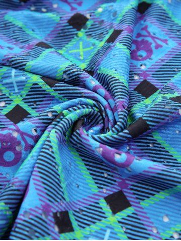 Plaid Skulls Print Twist Cut Out Tank Top and Scalloped Tassel Flare Pants Plus Size Outfit