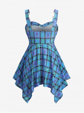 Plaid Skulls Print Twist Cut Out Tank Top and Scalloped Tassel Flare Pants Plus Size Outfit