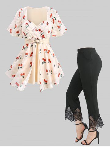 Chemisier Festonnée Cerise Imprimée à Carreaux à Frange et Pantalon Evasé - BEIGE