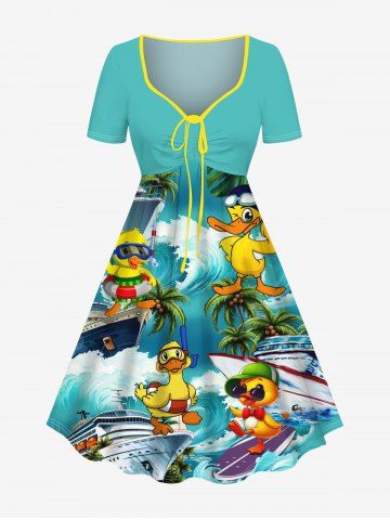 Plus Size Coconut Tree Ducks Ship Sea Waves Print Cinched Hawaii Dress - GREEN - 1X