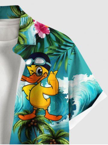 Plus Size Coconut Tree Ducks Ship Sea Waves Print Buttons Pocket Hawaii Shirt For Men