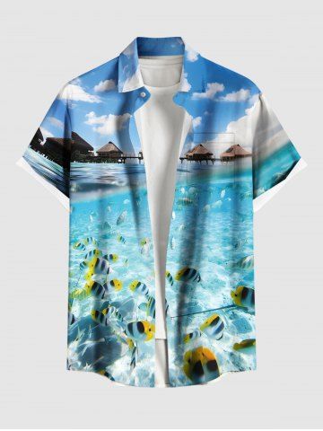 Plus Size Seascape Fish Cloud Bridge Print Buttons Pocket Hawaii Shirt For Men