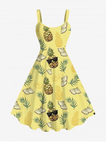 Plus Size Cartoon Pineapple Tropical Leaves Print Hawaii A Line Tank Dress - YELLOW - L