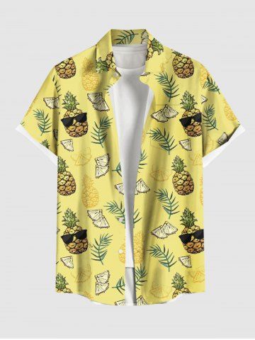 Plus Size Cartoon Pineapple Tropical Leaves Print Hawaii Button Pocket Shirt For Men - YELLOW - 5XL