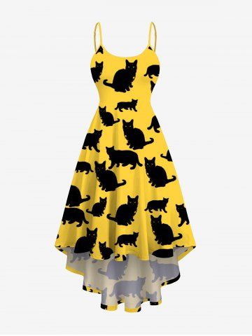 Plus Size Black Cats Print High Low Hawaii Cami Dress - YELLOW - XS