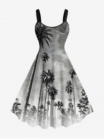 Plus Size Coconut Tree Ombre Textured Print Hawaii A Line Tank Dress - GRAY - L
