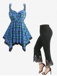 Plaid Skulls Print Twist Cut Out Tank Top and Scalloped Tassel Flare Pants Plus Size Outfit -  